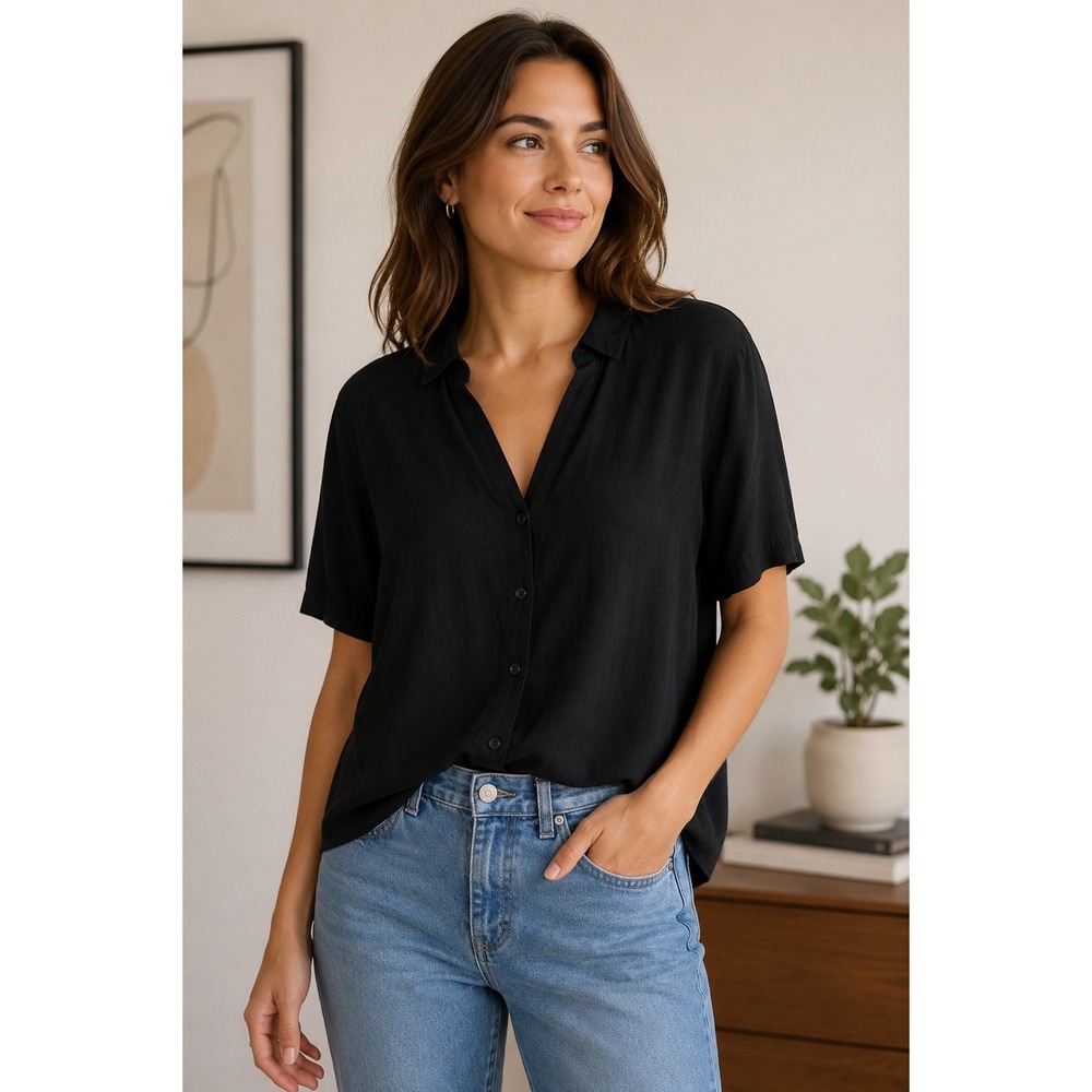 Frank And Oak Black Short Sleeve Button Down Blouse Lenzing Ecovero Viscose Sml
